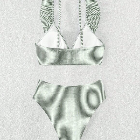 Green Women's Swim Summer Beach Striped Ruffle Trim Bikini Swimsuit - Picture 3 of 6